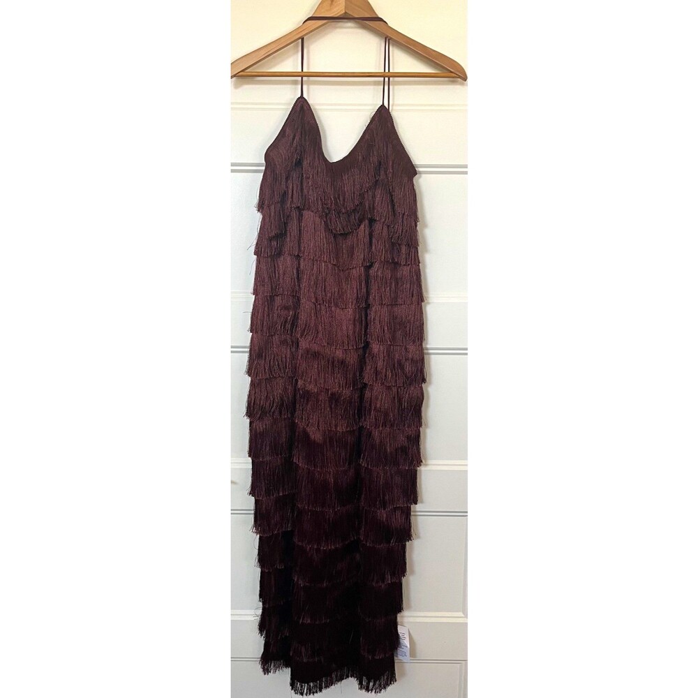 ASOS DESIGN Brown Maxi Dress Sleeveless All Over Fringe Party Chiffon US 8 Tall